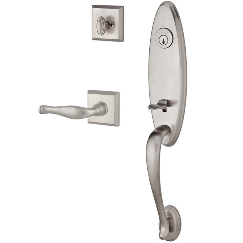 Handleset with Right Handed Decorative Lever and Traditional Square Rose in Satin Nickel
