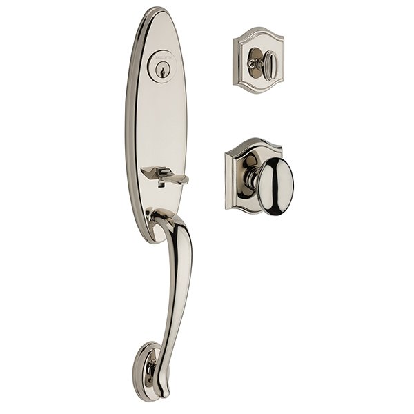 Single Cylinder Chesapeake Handleset with Ellipse Door Knob with Traditional Arch Rose in Polished Nickel