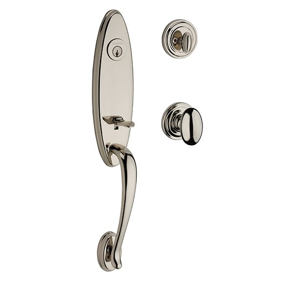 Single Cylinder Chesapeake Handleset with Ellipse Door Knob with Traditional Round Rose in Polished Nickel