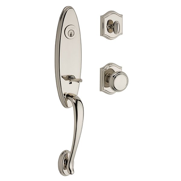 Single Cylinder Chesapeake Handleset with Traditional Door Knob with Traditional Arch Rose in Polished Nickel