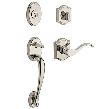 Left Handed Single Cylinder Columbus Handleset with Curve Door Lever with Traditional Arch Rose in Polished Nickel
