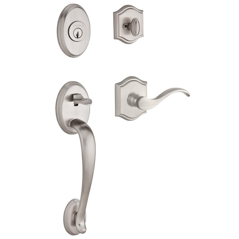Handleset with Left Handed Curve Lever and Traditional Arch Rose in Satin Nickel