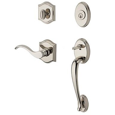 Right Handed Single Cylinder Columbus Handleset with Curve Door Lever with Traditional Arch Rose in Polished Nickel