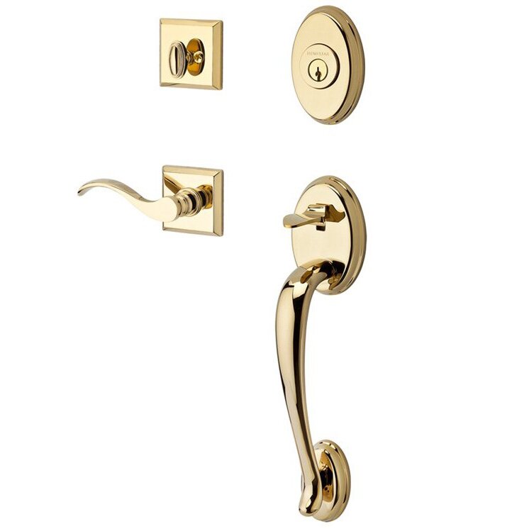 Handleset with Right Handed Curve Lever and Traditional Square Rose in Polished Brass