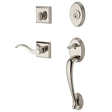 Right Handed Single Cylinder Columbus Handleset with Curve Door Lever with Traditional Square Rose in Polished Nickel