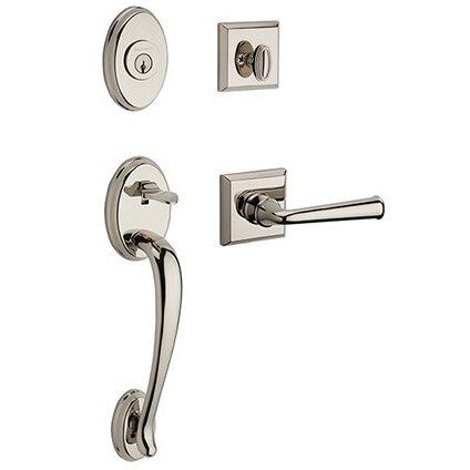 Left Handed Single Cylinder Columbus Handleset with Federal Door Lever with Traditional Square Rose in Polished Nickel