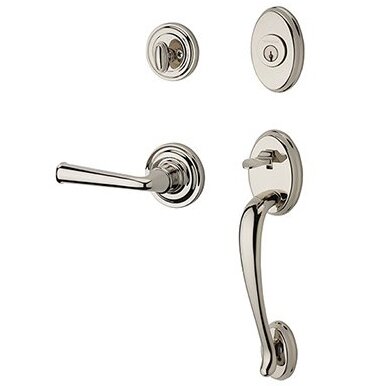Right Handed Single Cylinder Columbus Handleset with Federal Door Lever with Traditional Round Rose in Polished Nickel