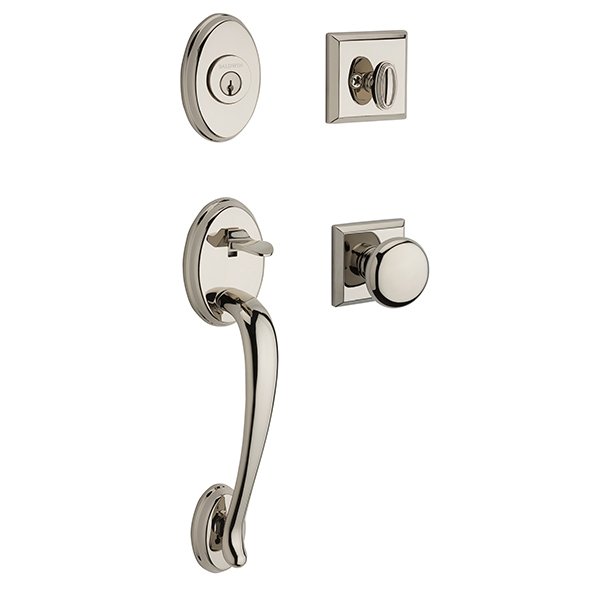 Single Cylinder Columbus Handleset with Round Door Knob with Traditional Square Rose in Polished Nickel