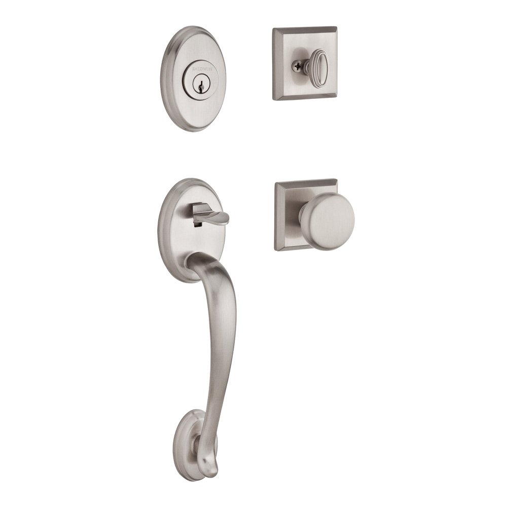Handleset with Round Knob and Traditional Square Rose in Satin Nickel