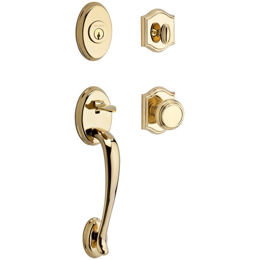 Handleset with Traditional Knob and Traditional Arch Rose in Polished Brass