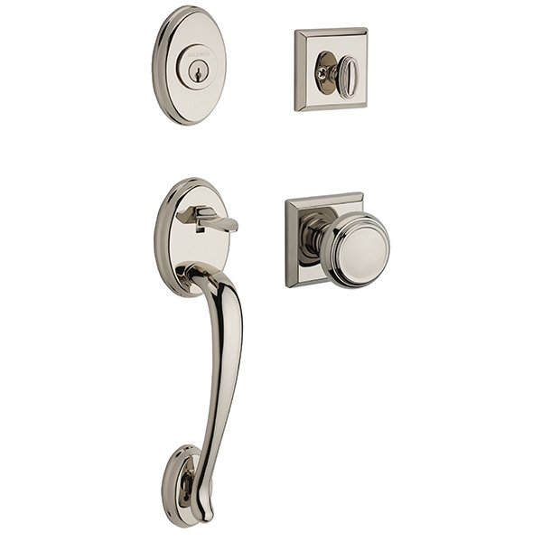 Single Cylinder Columbus Handleset with Traditional Door Knob with Traditional Square Rose in Polished Nickel