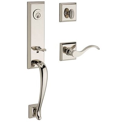 Left Handed Single Cylinder Del Mar Handleset with Curve Door Lever with Traditional Round Rose in Polished Nickel