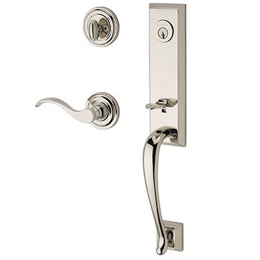 Right Handed Single Cylinder Del Mar Handleset with Curve Door Lever with Traditional Round Rose in Polished Nickel