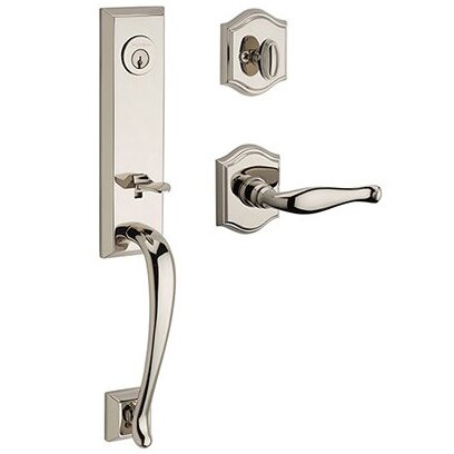 Left Handed Single Cylinder Del Mar Handleset with Decorative Door Lever with Traditional Arch Rose in Polished Nickel