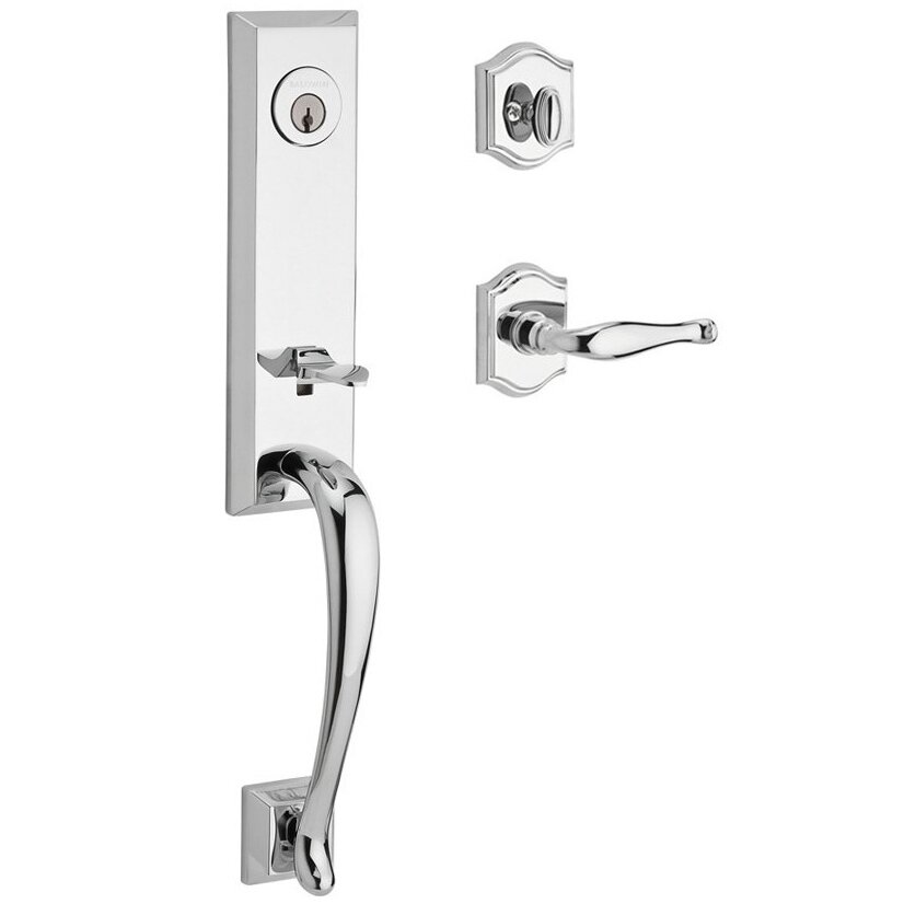Handleset with Left Handed Decorative Lever and Traditional Arch Rose in Polished Chrome
