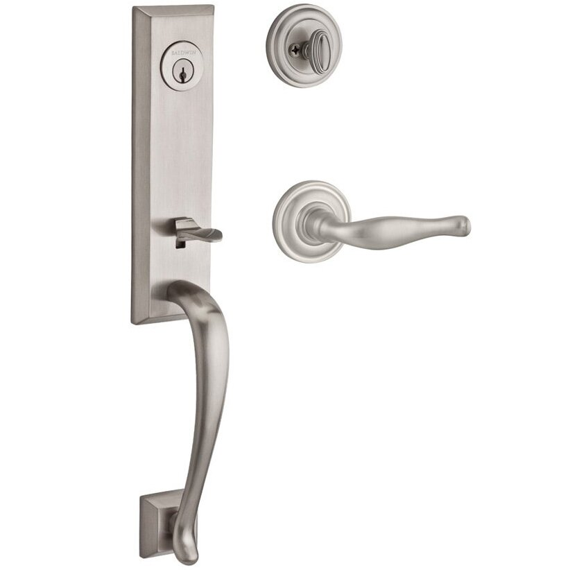 Handleset with Left Handed Decorative Lever and Traditional Round Rose in Satin Nickel