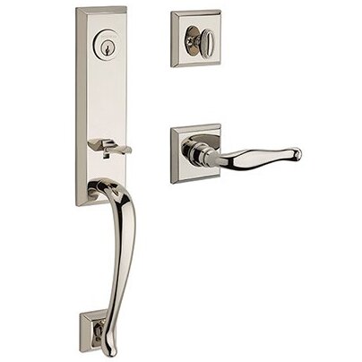 Left Handed Single Cylinder Del Mar Handleset with Decorative Door Lever with Traditional Square Rose in Polished Nickel