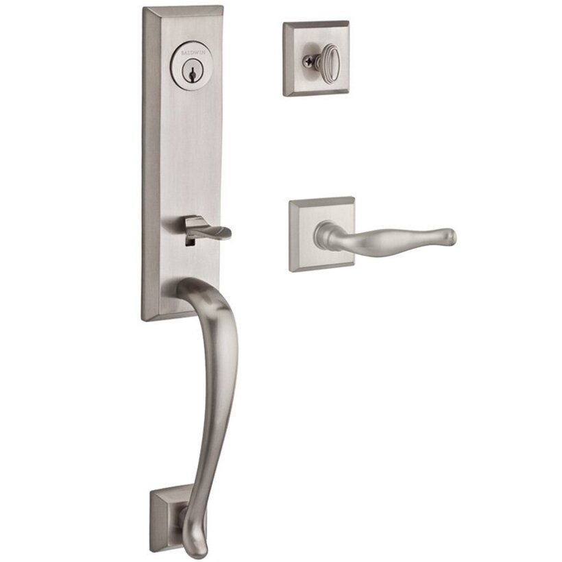 Handleset with Left Handed Decorative Lever and Traditional Square Rose in Satin Nickel