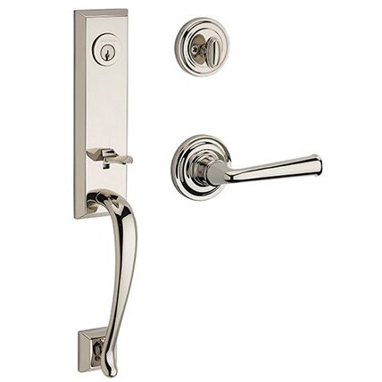 Left Handed Single Cylinder Del Mar Handleset with Federal Door Lever with Traditional Round Rose in Polished Nickel