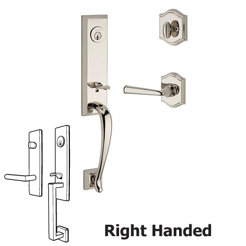 Right Handed Single Cylinder Del Mar Handleset with Federal Door Lever with Traditional Arch Rose in Polished Nickel