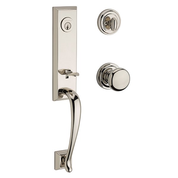 Single Cylinder Del Mar Handleset with Round Door Knob with Traditional Round Rose in Polished Nickel