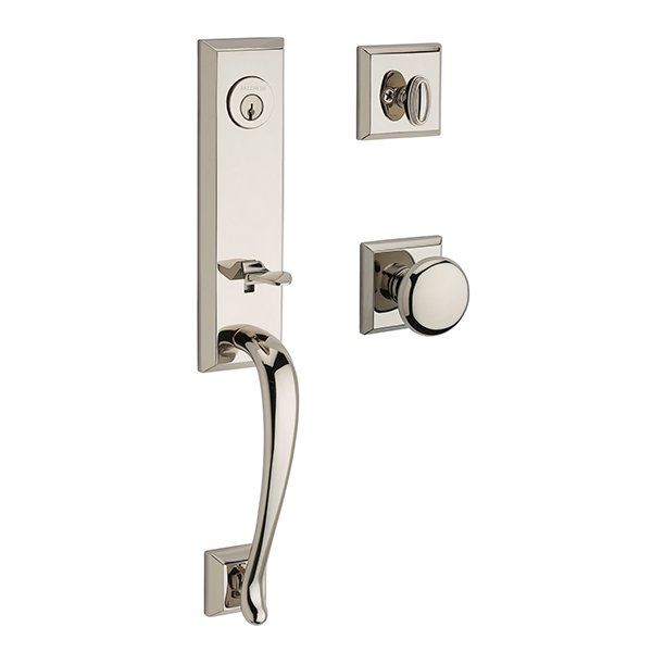 Single Cylinder Del Mar Handleset with Round Door Knob with Traditional Square Rose in Polished Nickel
