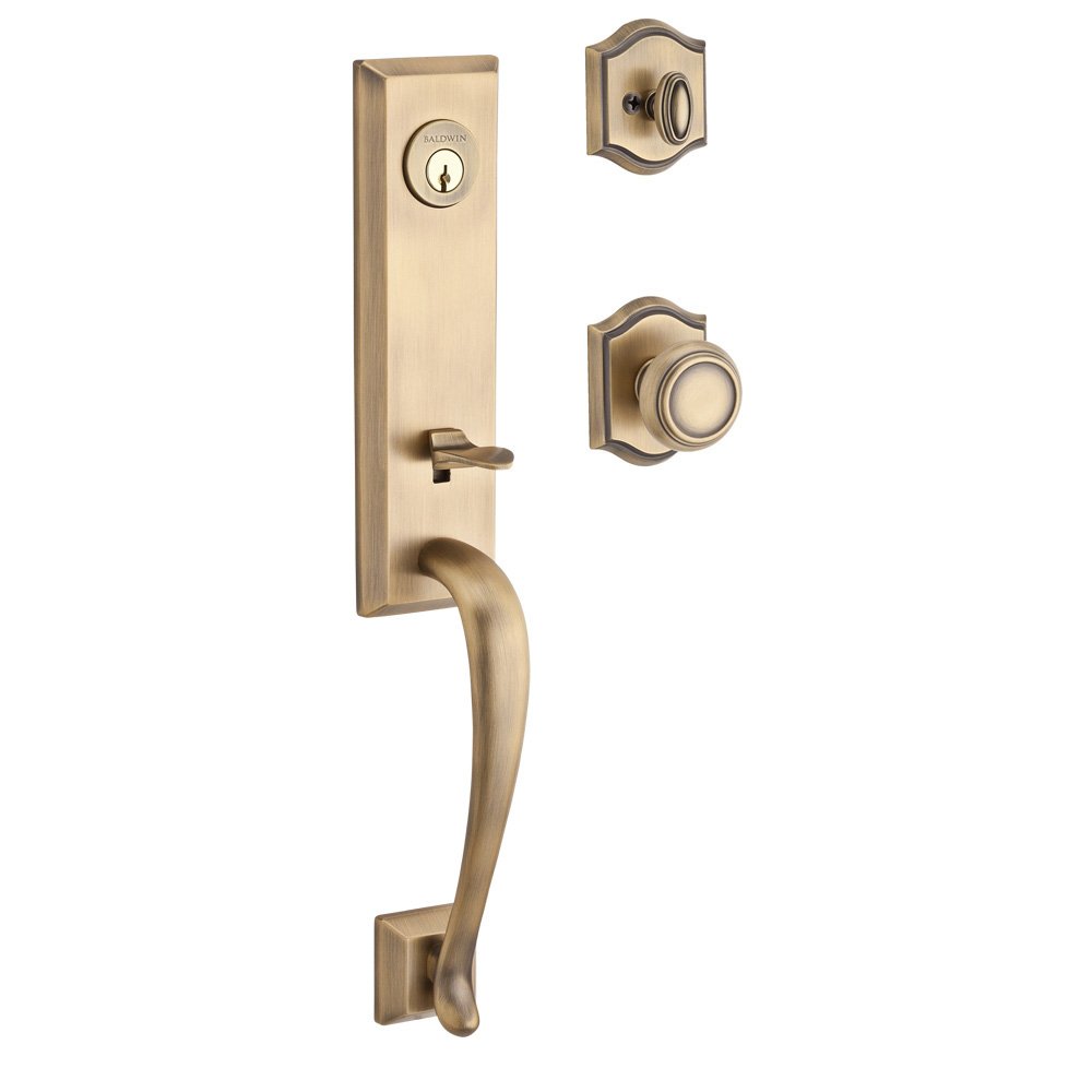 Handleset with Traditional Knob and Traditional Arch Rose in Matte Brass & Black