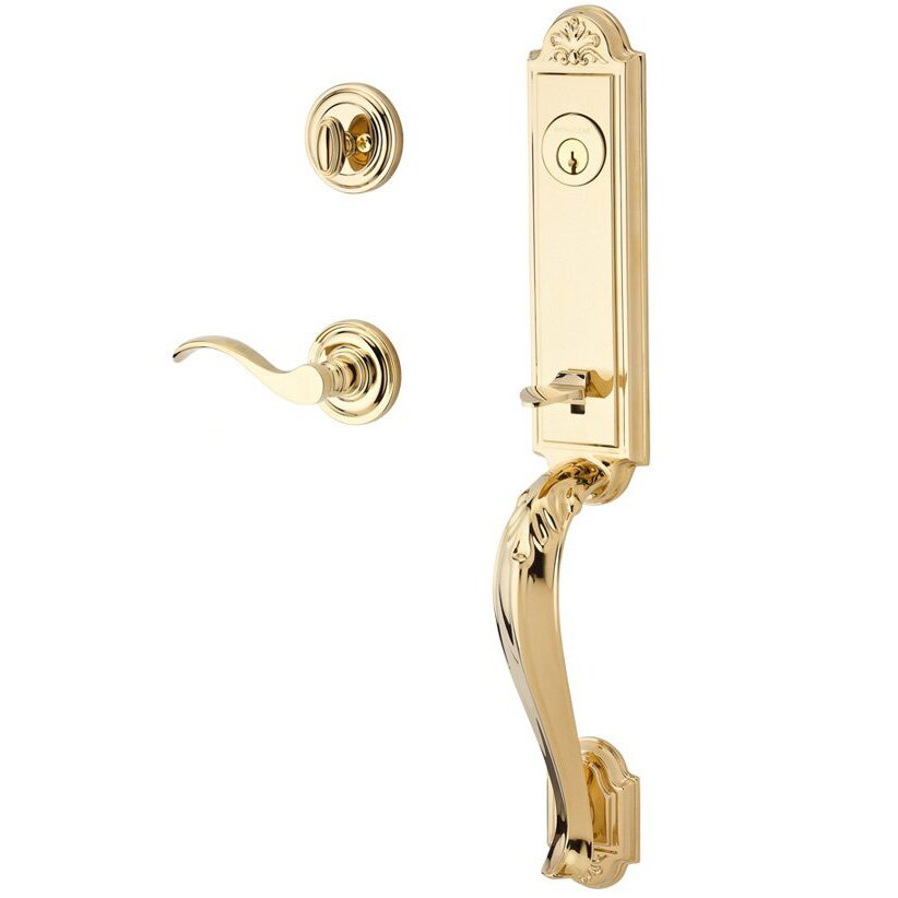 Handleset with Right Handed Curve Lever and Traditional Round Rose in Polished Brass