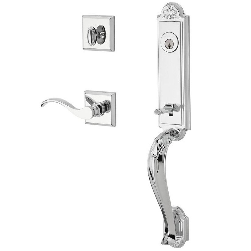 Handleset with Right Handed Curve Lever and Traditional Square Rose in Polished Chrome