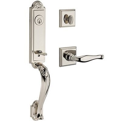 Left Handed Single Cylinder Elizabeth Handlest with Decorative Door Lever with Traditional Square Rose in Polished Nickel