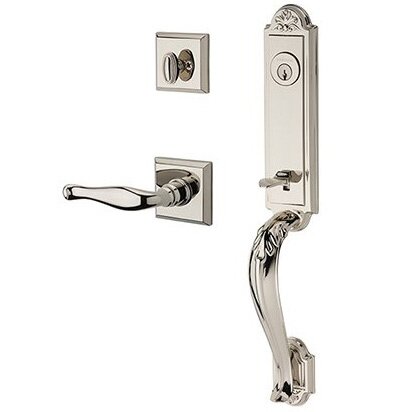 Right Handed Single Cylinder Elizabeth Handlest with Decorative Door Lever with Traditional Square Rose in Polished Nickel