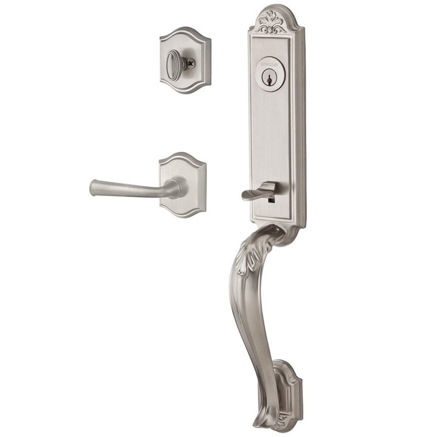 Handleset with Right Handed Federal Lever and Traditional Arch Rose in Satin Nickel