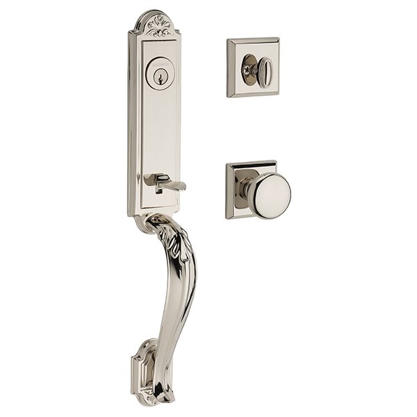 Single Cylinder Elizabeth Handlest with Round Door Knob with Traditional Square Rose in Polished Nickel