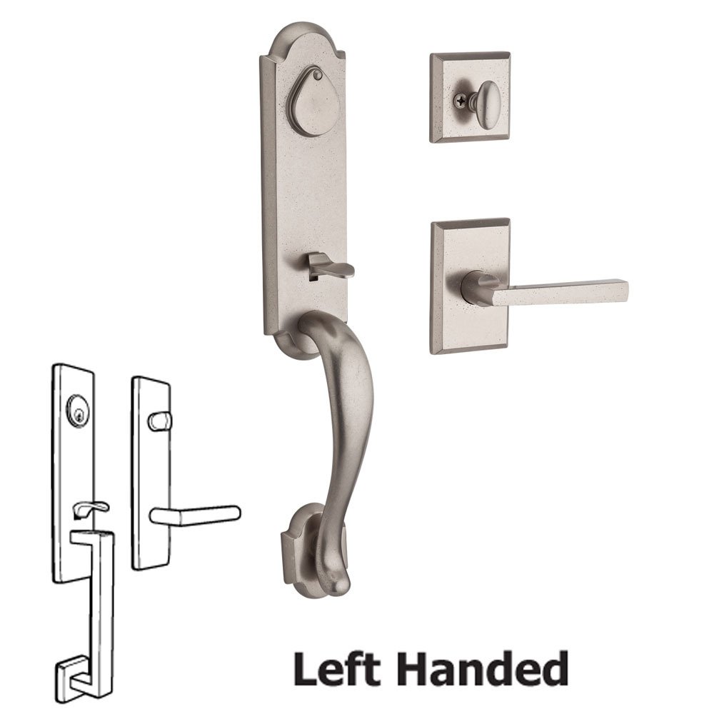 Handleset with Left Handed Tapered Lever and Rustic Square Rose in White Bronze