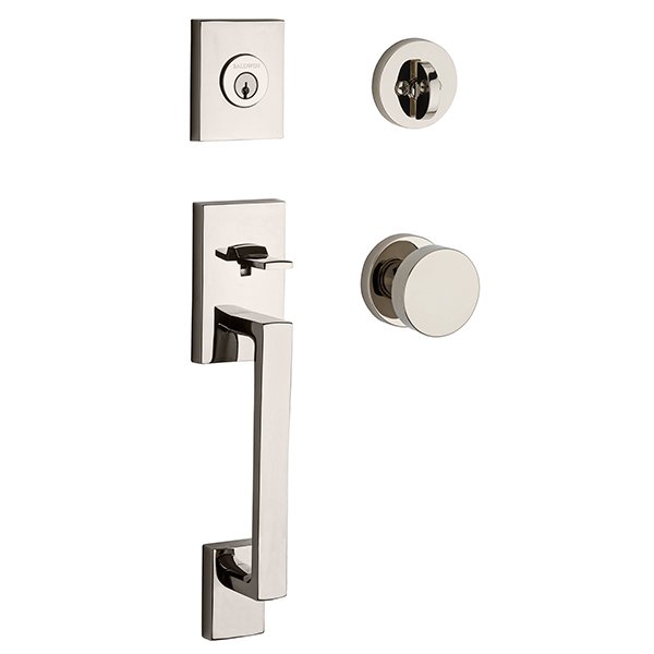 Single Cylinder La Jolla Handleset with Contemporary Door Knob with Contemporary Round Rose in Polished Nickel