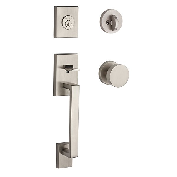Single Cylinder La Jolla Handleset with Contemporary Door Knob with Contemporary Round Rose in Satin Nickel