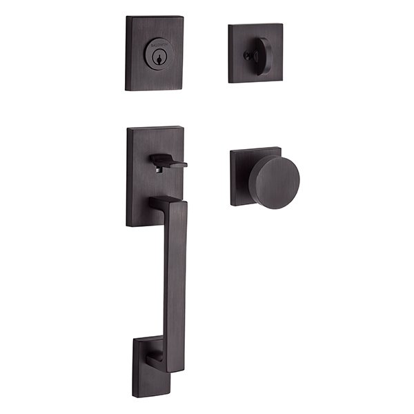 Single Cylinder La Jolla Handleset with Contemporary Door Knob with Contemporary Square Rose in Venetian Bronze