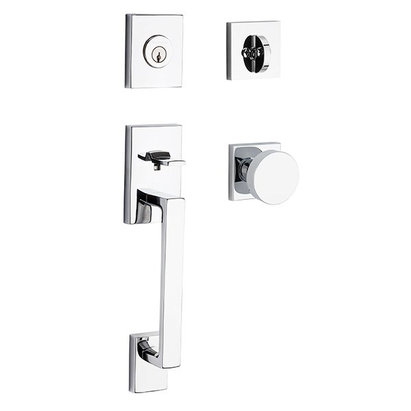 Single Cylinder La Jolla Handleset with Contemporary Door Knob with Contemporary Square Rose in Polished Chrome