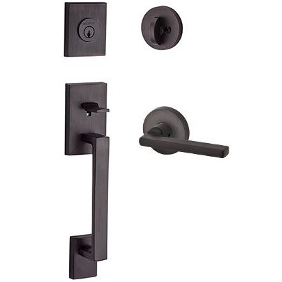 Left Handed Single Cylinder La Jolla Handleset with Square Door Lever with Contemporary Round Rose in Venetian Bronze