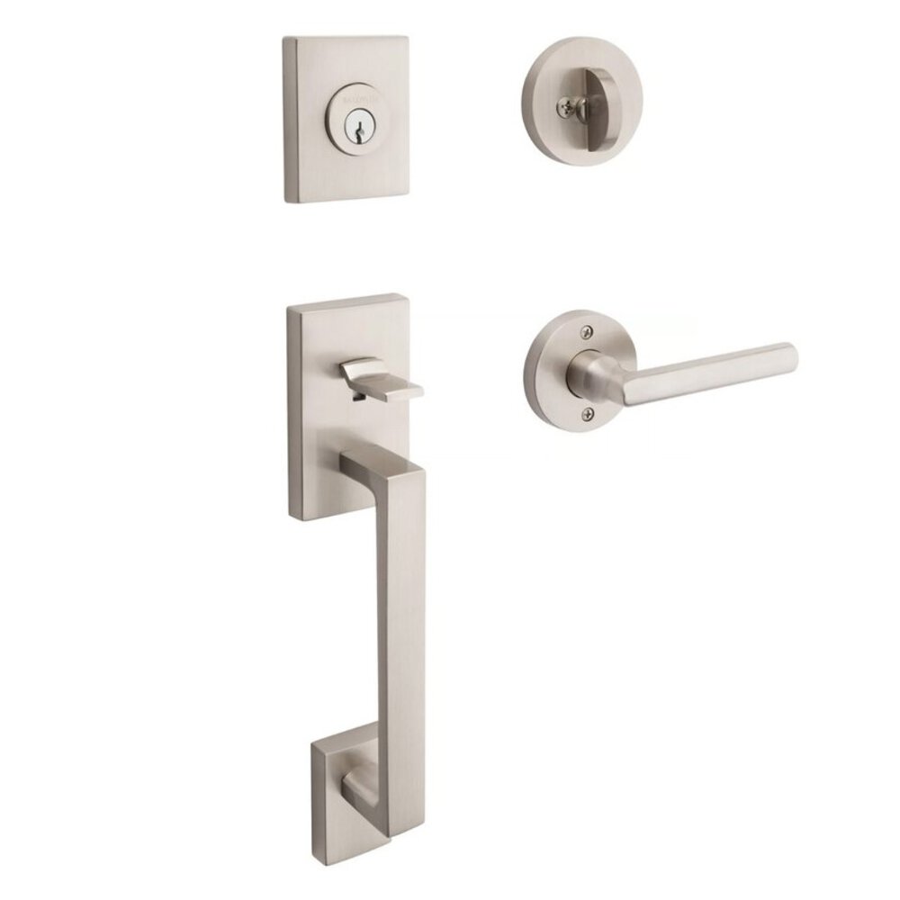 Left Handed Single Cylinder La Jolla Handleset with Square Door Lever with Contemporary Round Rose in Polished Nickel
