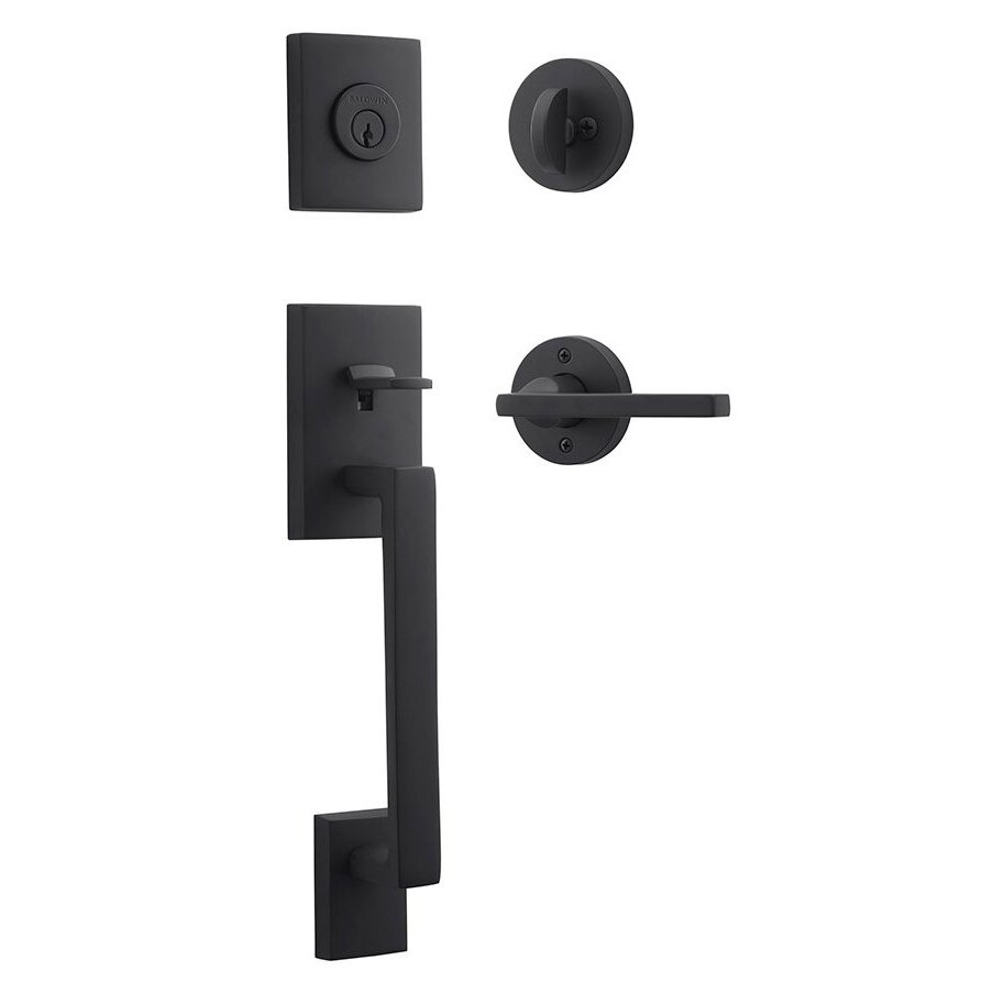 Left Handed Single Cylinder La Jolla Handleset with Square Door Lever with Contemporary Round Rose in Satin Black