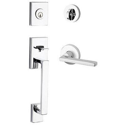 Left Handed Single Cylinder La Jolla Handleset with Square Door Lever with Contemporary Round Rose in Polished Chrome