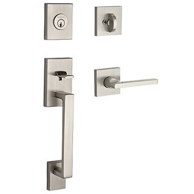 Left Handed Single Cylinder La Jolla Handleset with Square Door Lever with Contemporary Square Rose in Satin Nickel