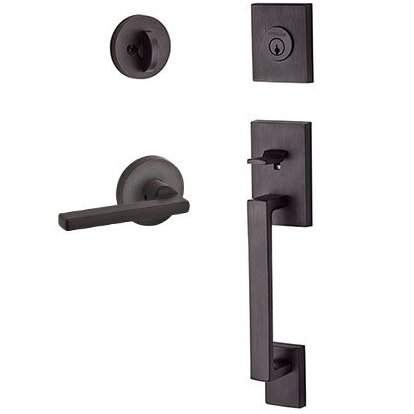 Right Handed Single Cylinder La Jolla Handleset with Square Door Lever with Contemporary Round Rose in Venetian Bronze