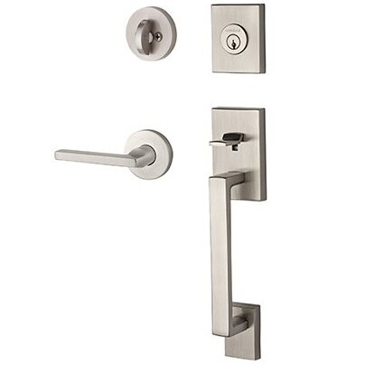 Right Handed Single Cylinder La Jolla Handleset with Square Door Lever with Contemporary Round Rose in Satin Nickel