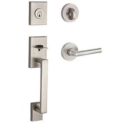 Left Handed Single Cylinder La Jolla Handleset with Tube Door Lever with Contemporary Round Rose in Satin Nickel
