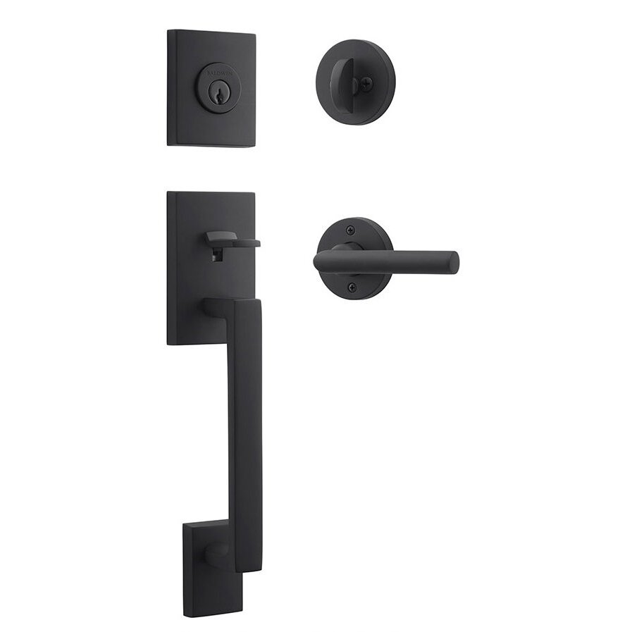 Left Handed Single Cylinder La Jolla Handleset with Tube Door Lever with Contemporary Round Rose in Satin Black