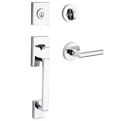Left Handed Single Cylinder La Jolla Handleset with Tube Door Lever with Contemporary Round Rose in Polished Chrome