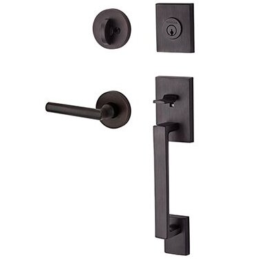 Right Handed Single Cylinder La Jolla Handleset with Tube Door Lever with Contemporary Round Rose in Venetian Bronze