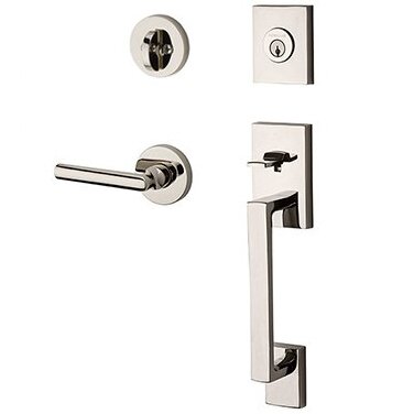 Right Handed Single Cylinder La Jolla Handleset with Tube Door Lever with Contemporary Round Rose in Polished Nickel
